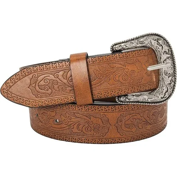 Women's Brown Adjustable Vintage Western Belts Engraved Buckle Cowgirl Belt - Picture 7 of 8